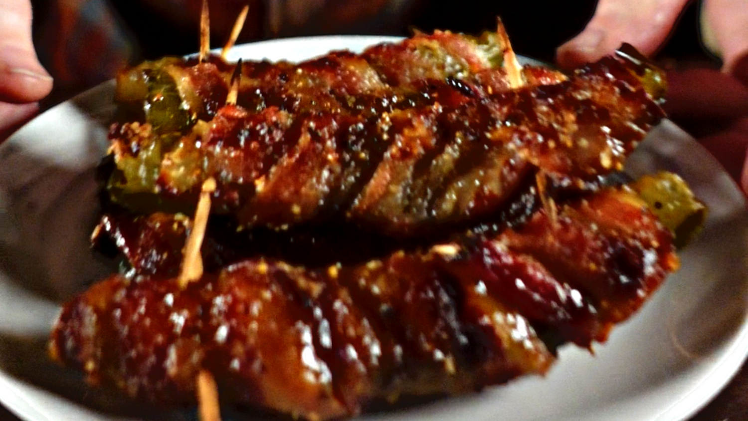 bacon wrapped pickle with midnight kick