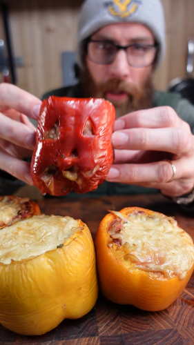 Smoked Carved Pumpkin Peppers Stuffed with Beef, Rice, and Herbs